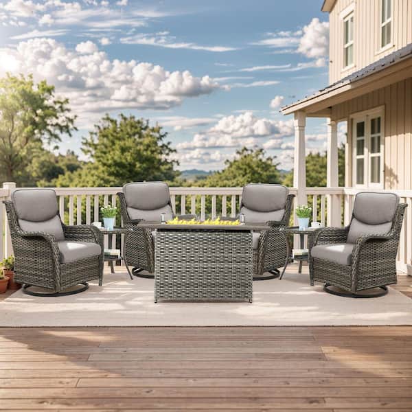 moosprr Luxury Gray Wicker Fire Pit Conversation Set with Olefin Gray Cushions and Patio Swivel Chairs/Side Tables (7-Piece)
