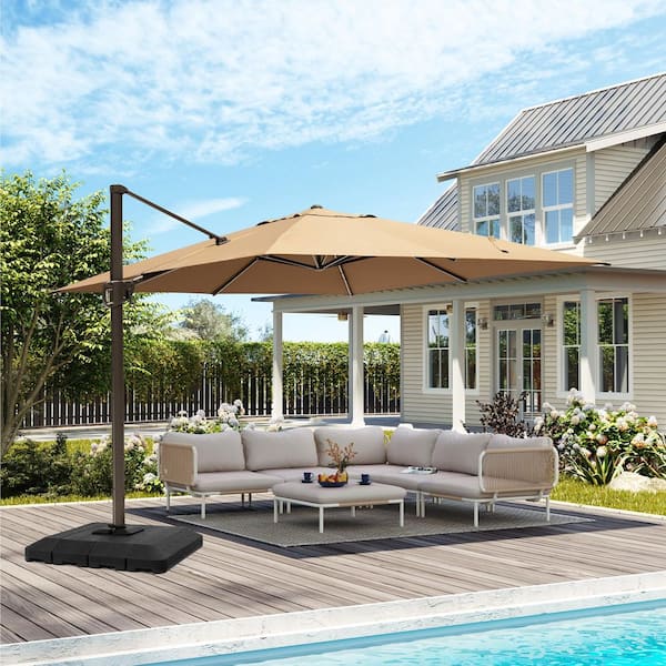 Pellebant 10.5 ft. Square Aluminum Outdoor 360° Rotation Adjustable Tilt Cantilever Patio Umbrella in Tan with Umbrella Base