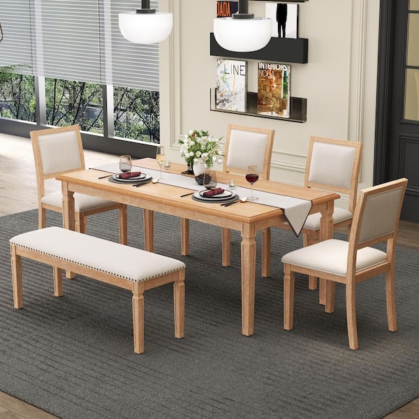 6 Piece Natural Extendable Dining Table Set Seats 6 with Chairs, Bench