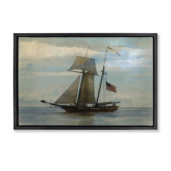 Stupell Industries Classic Ship with Flag by Graffi tee Studios Black Floater Frame Typography Graphic Art Print 17 in. x 25 in.