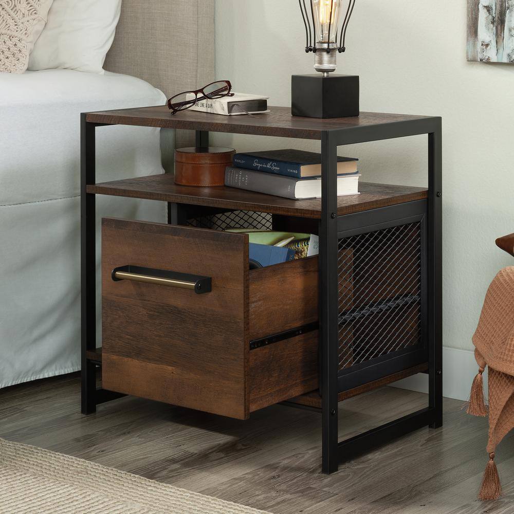 Barrel Oak and Metal Frame Nightstand with Drawer