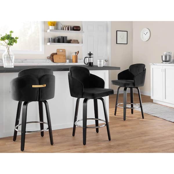 Dahlia 37 in. Black Velvet and Black Wood Counter Height Bar Stool (Set of 2)
