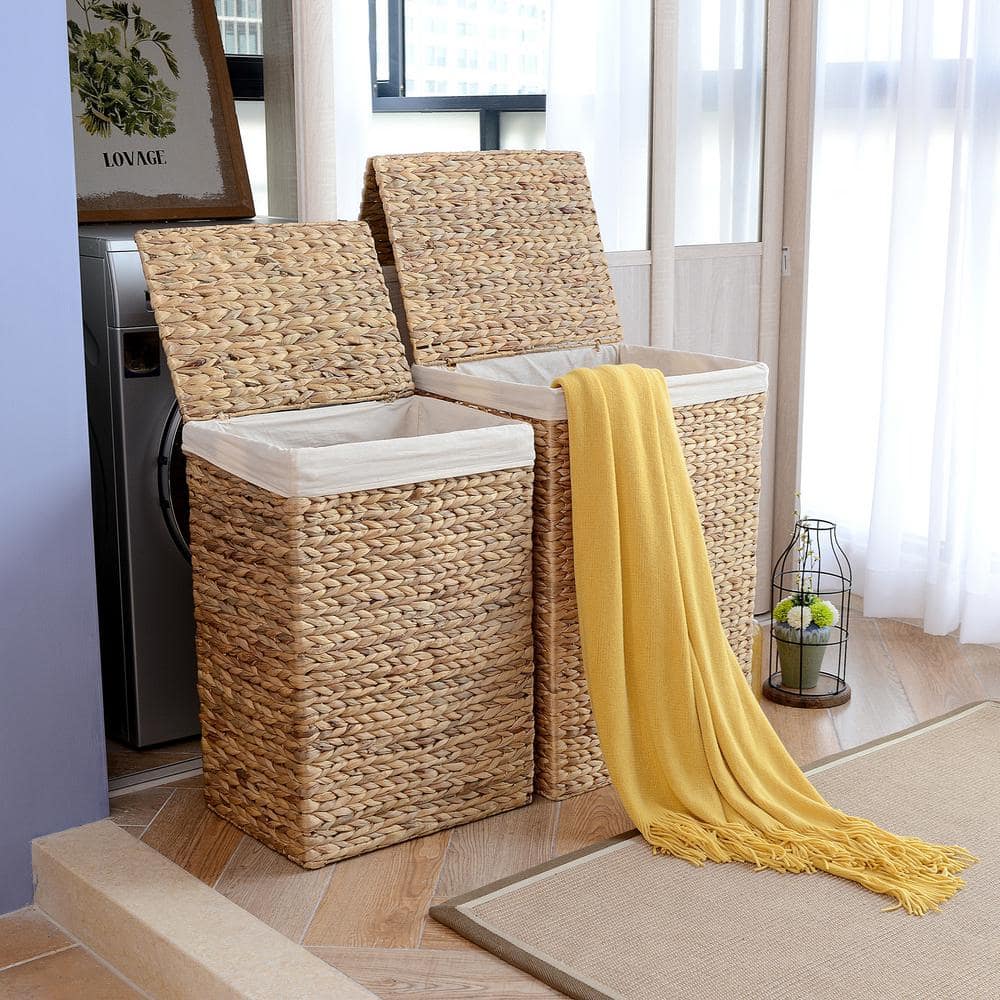 Natural Water Hyacinth Wicker Stackable Laundry Hampers with Lids, 2-Pack