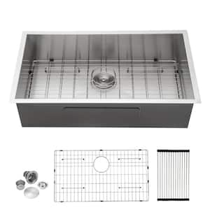 32 in. Undermount Single Bowl Zero Radius Corner 18-Gauge Silver Stainless Steel Kitchen Sink with All Accessories