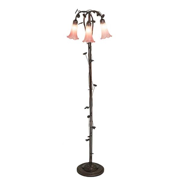 Pond Lily 58 in. Mahogany Bronze Victorian 3-Light Dimmable Arc Floor Lamp with Glass Cone Shade