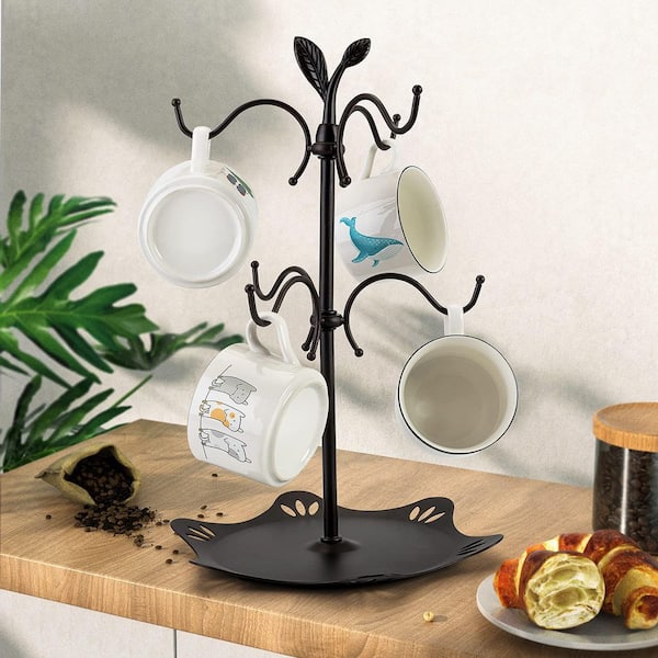 Coffee Mug Tree, Cup Holder for Countertop, Mug Rack with Tray, 6-Hook Metal Mug Tree and Organizer, Black