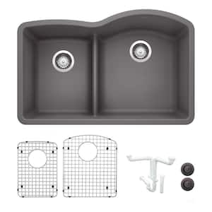 Diamond 32 in. Undermount Double Bowl Cinder Granite Composite Kitchen Sink Kit with Accessories