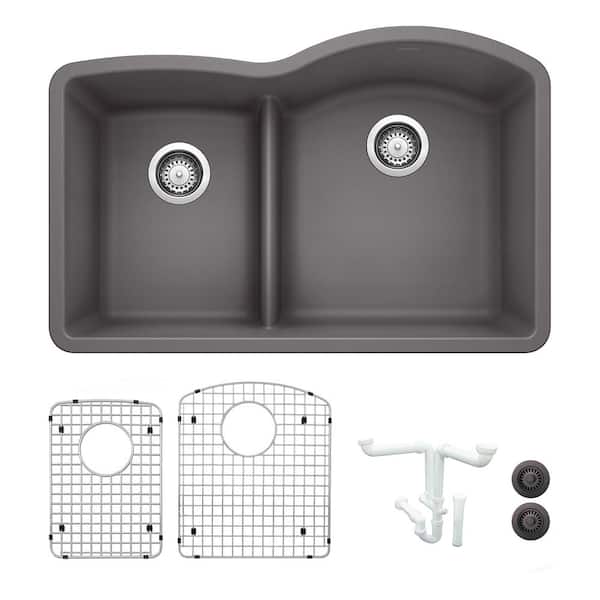 Blanco Diamond 32 in. Undermount Double Bowl Cinder Granite Composite Kitchen Sink Kit with Accessories