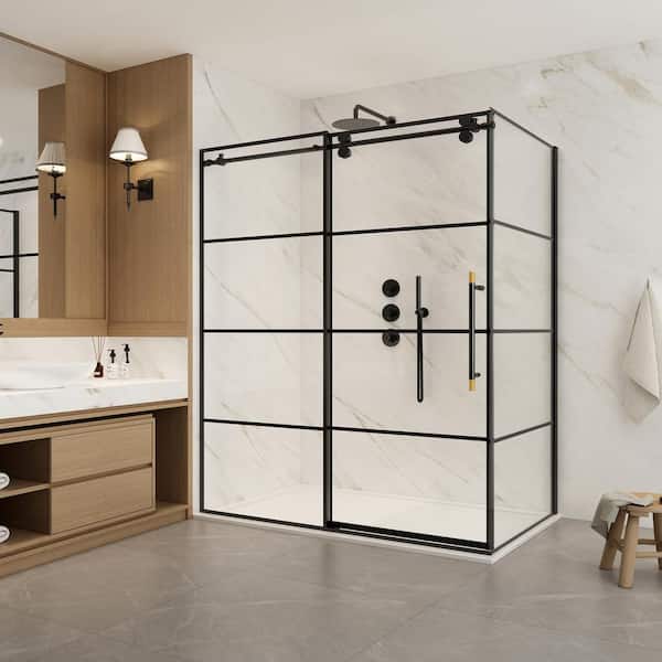ROSWELL Losar 68 in. W x 78 in. H Rectangle Sliding Frameless Corner Shower Dooe Enclosure in Matte Black with Clear Glass