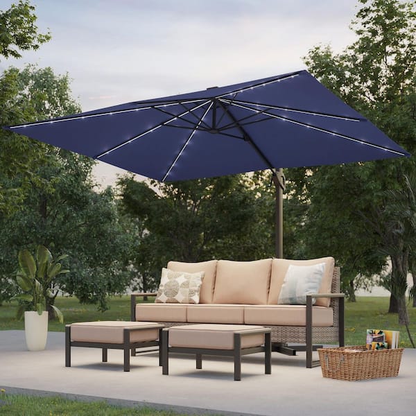10 x 8 ft. Metal Solar-powered Cantilever Patio Umbrella with 360° Rotation and Canopy Angle Adjustment in Navy Blue