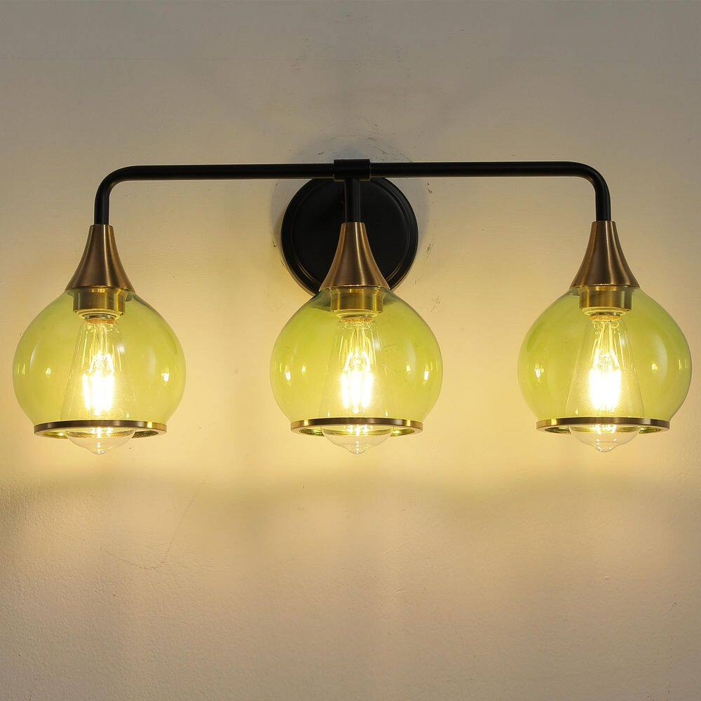 22 in. 3-Light Black and Gold Bathroom Vanity Light Modern Over Mirror Wall Lamp With Clear Green Globe Glass Shades price history on PriceWatchPro