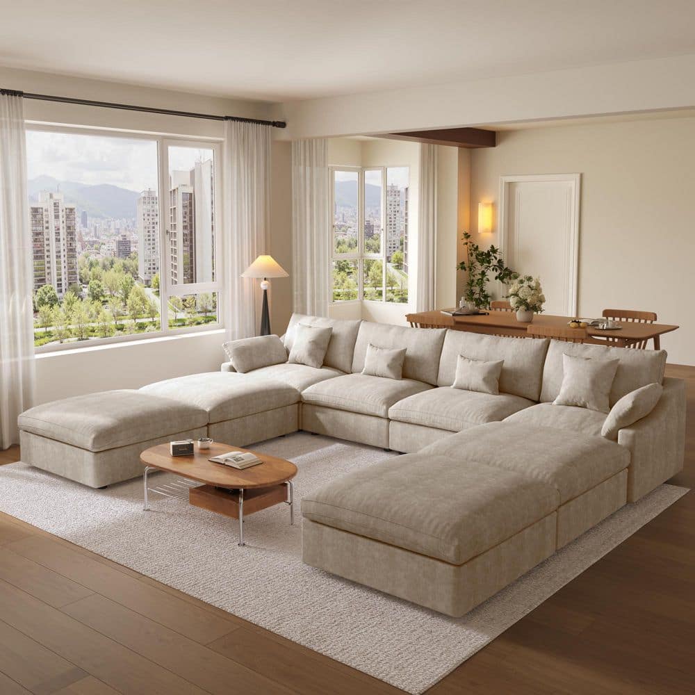 Brown Sectional Sofa 8-Piece Linen Feather Modular Free Combination Living Room Set with Ottoman, Removeble Covers
