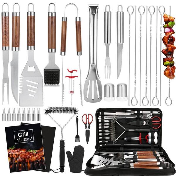 34-Piece BBQ Grilling Accessories Set, Stainless Steel Barbecue Utensils Kit with Mats and Glove in Carrying Bag, Brown