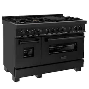 48 in. 7 Burner Double Oven Dual Fuel Range with Brass Burners in Black Stainless Steel