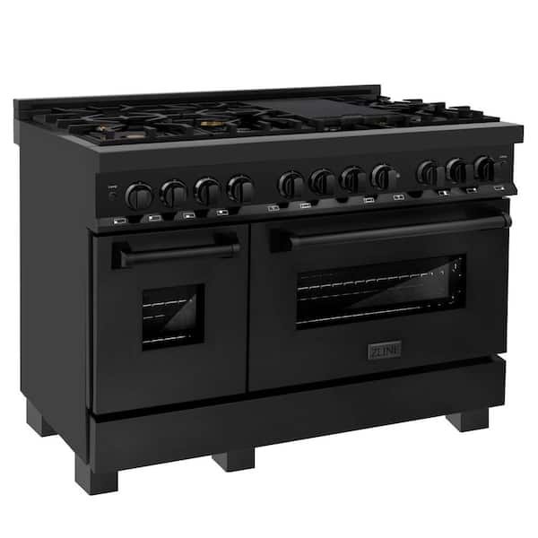 ZLINE Kitchen and Bath 48 in. 7 Burner Double Oven Dual Fuel Range with Brass Burners in Black Stainless Steel