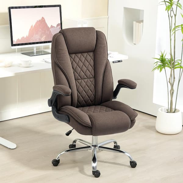 HOMCOM Velvet Fabric Cushioned, Adjustable Height, Flipped Armrest Executive Office Chair in Dark Brown