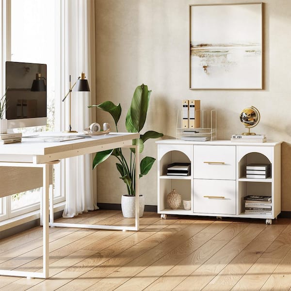 Cindy 2-Drawer White Wood 39.37 in W Lateral File Cabinet, A4/Letter Size Cabinet with Rolling Wheels for Home Office