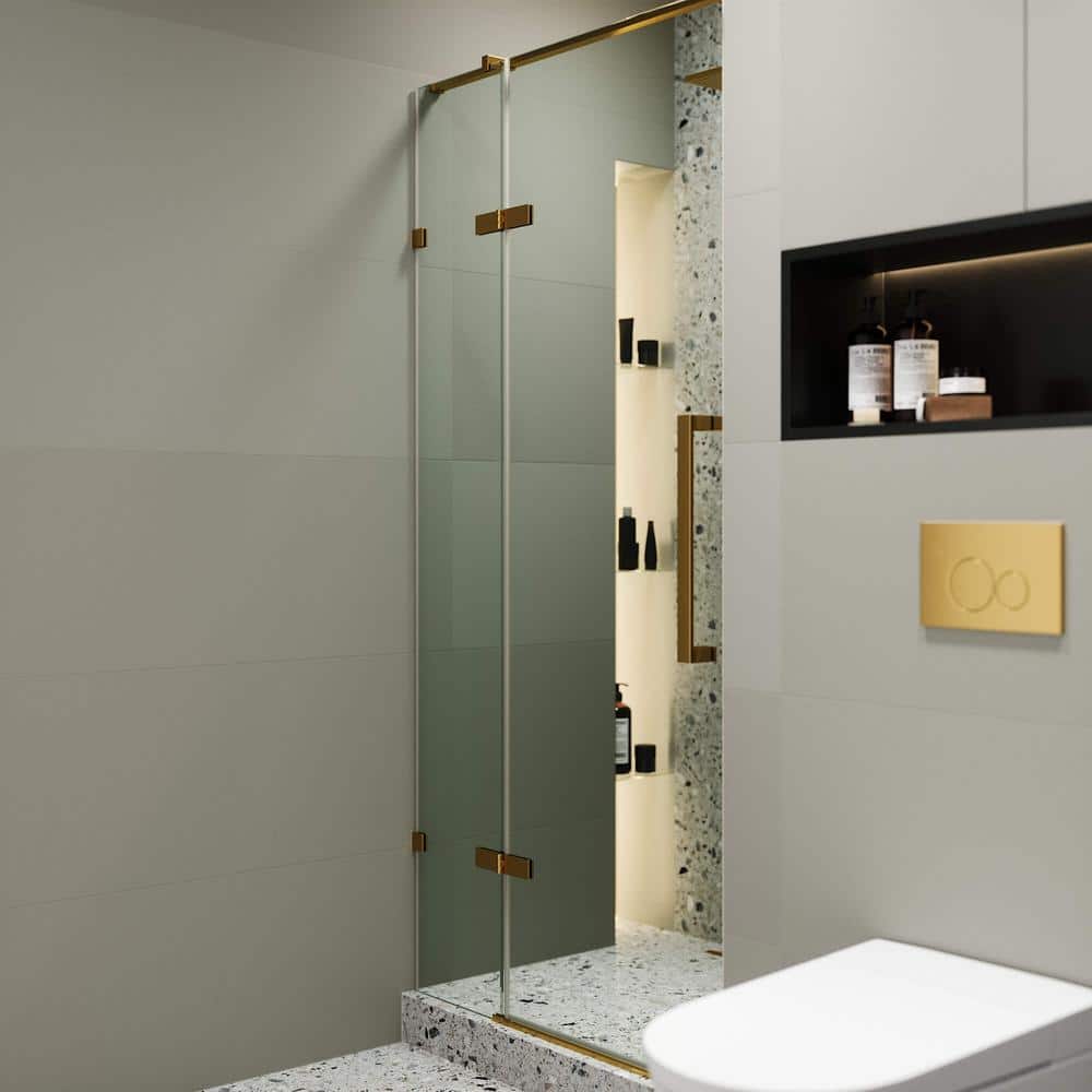 Satin Brass Hinged Frameless Shower Door with Clear Tempered Glass