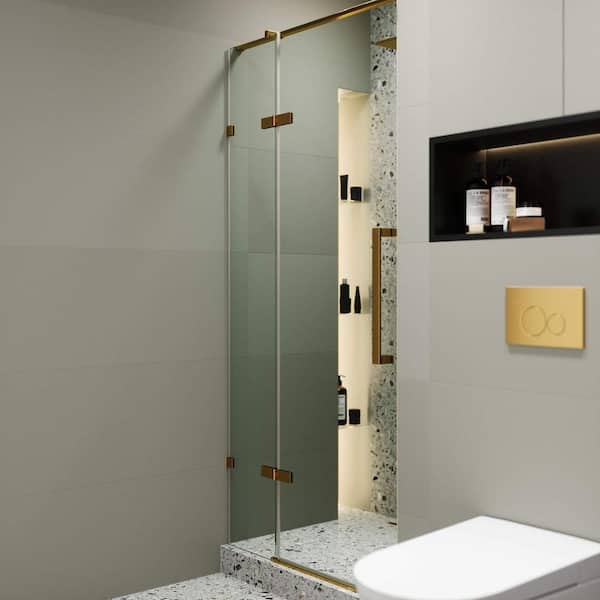 Fine Fixtures 32 in. W x 74.25 in. H Hinged Frameless Shower Door in Satin Brass Finish with Tempered Glass