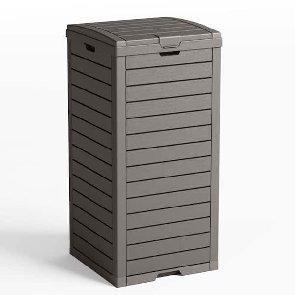 36 Gal. Gray Outdoor Trash Can with Tiered Lid and Drip Tray, Waterproof Resin Waste Bin for Patio