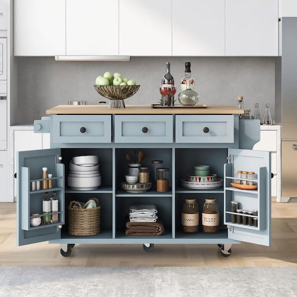Modern Grey Solid Wood 53.1 in. Kitchen Island Cart with 5 Wheels, Cabinet Door Internal Storage Racks and 3 Drawers