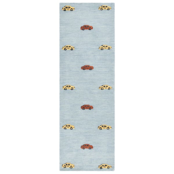 Kids 3 ft. x 8 ft. Light Blue/Yellow Mini Cars Runner Rug