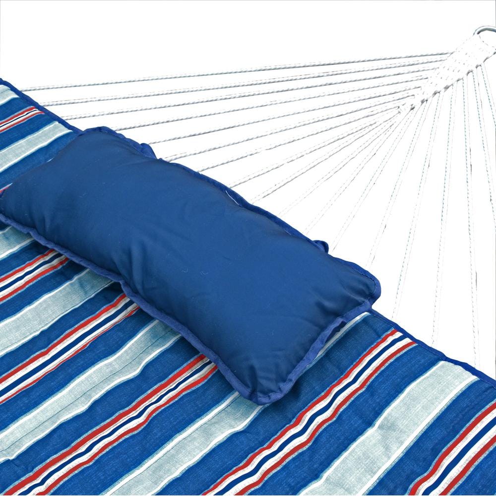 Blue and Red Cotton Rope Hammock with Stand, Pad, and Pillow
