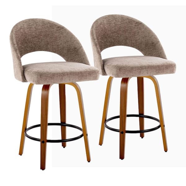 Renee Upholstered 38 in. H Brown Fabric, Walnut Wood and Black Fixed-Height Counter Stool with Round Footrest (Set of 2)
