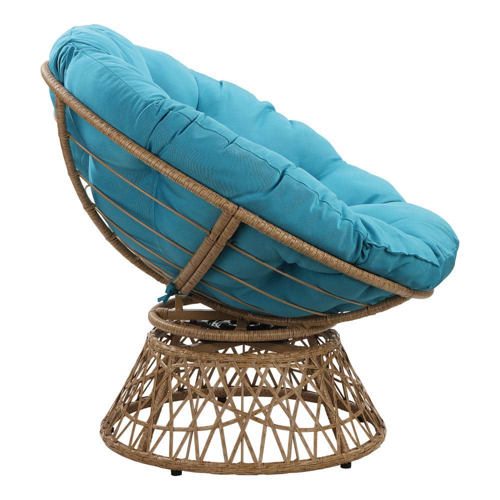 Blue Swivel Papasan Chair with Metal Frame and Wicker Weave