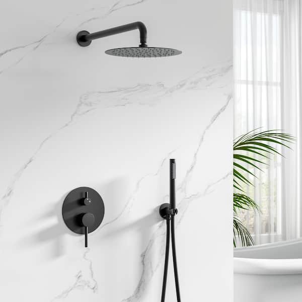 1-Spray Patterns with 1.5 GPM 10 in. Wall Mounted Dual Shower Heads with Rough-In Valve in Black