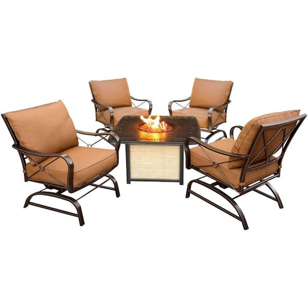 Hanover Summer Nights 5-Piece Patio Fire Pit Conversation Set with Desert Sunset Cushions