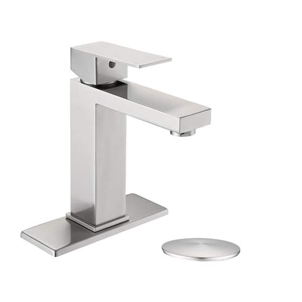 7.71 in. H Single Handle Single Hole Stainless Steel Bathroom Faucet with Deckplate and Drain in Brushed Nickel