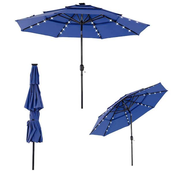 9.5 ft. Iron Patio Umbrella in Blue with 32 LED Lights, Push Button Tilt and Crank