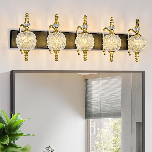 Home Lighting 36 in. 5-Light BlackGold Modern Glass Crystal Vanity Light Vintage Over Mirror For Bathroom (JW-497)