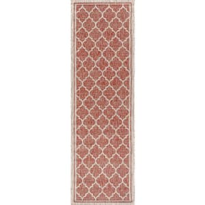 Trebol Moroccan Trellis Textured Weave Red/Beige 2 ft. x 10 ft. Indoor/Outdoor Runner Rug