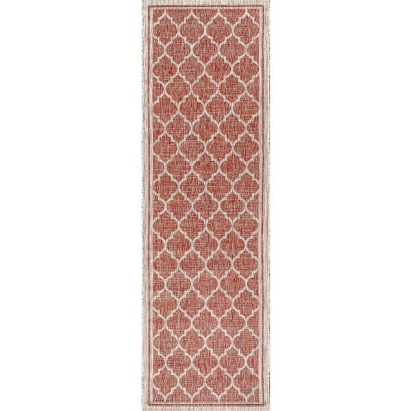 Trebol Moroccan Trellis Textured Weave Red/Beige 2 ft. x 10 ft. Indoor/Outdoor Runner Rug