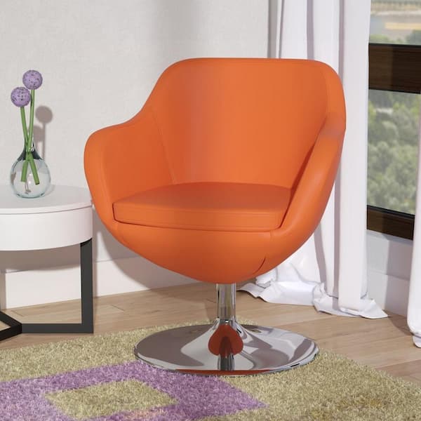 Caisson Modern Orange and Polished Chrome Faux Leather Upholstered Swivel Accent Arm Chair