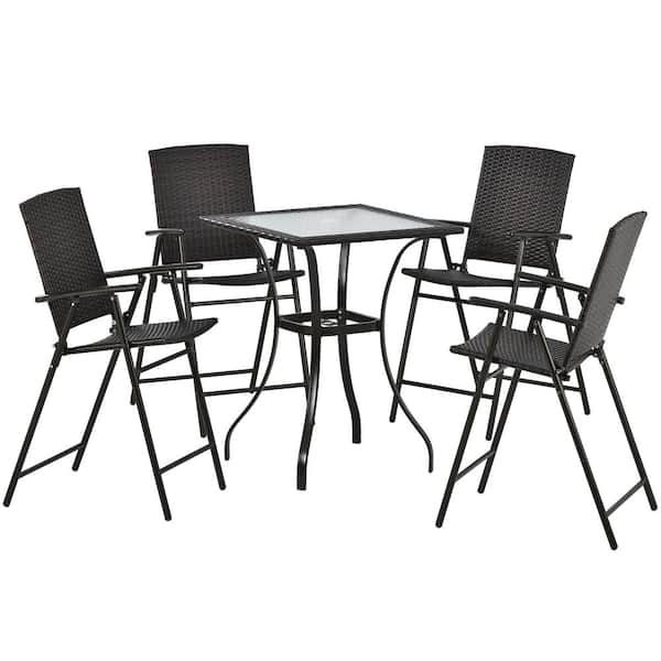 Unbranded 5-Piece Counter Outdoor Patio PE Wicker Height Dining Table Set with Umbrella Hole and 4 Foldable Chairs, Brown