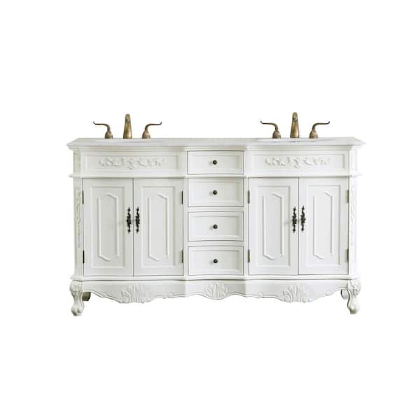 Unbranded Simply Living 60 in. W x 21 in. D x 36 in. H Bath Vanity in Antique White with White And Brown Vein Marble Top