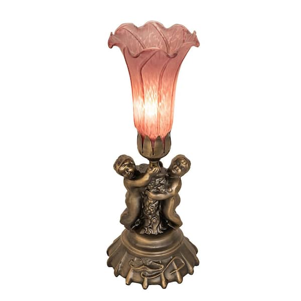 MEYDA Pond Lily 13 in. Antique Brass Novelty Victorian Twin Cherub Table Lamp with Purple Glass Shade