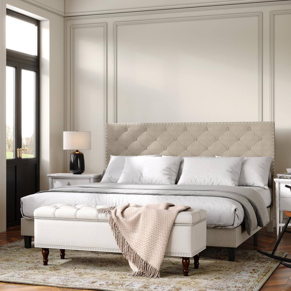 LUE BONA Beige Bed Frame Upholstered King Platform Bed (83.3 in. W x 44 ...