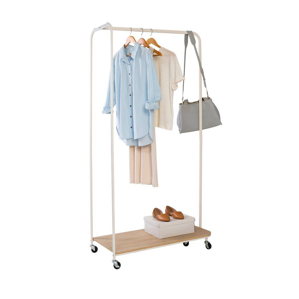 White and Ash Freestanding Steel Clothing Rack with Wood Shelf
