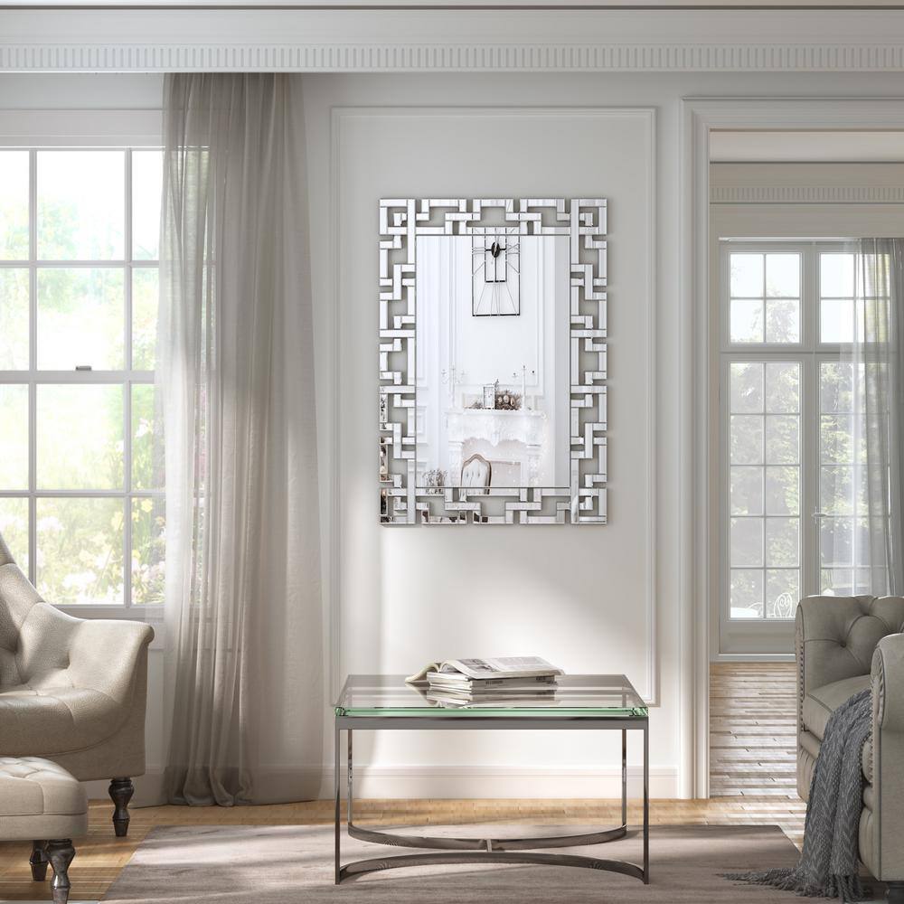 Venetian Silver Rectangular Beveled Wall Mirror with Carved Frame