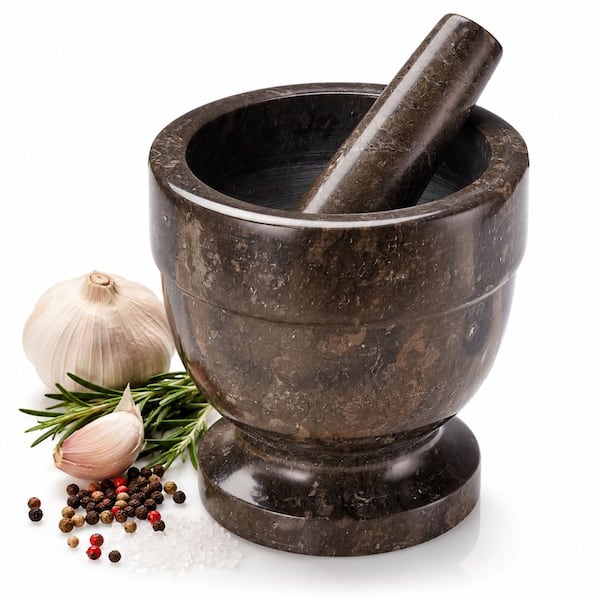 5.9 in. x 5.9 in. Natural Charcoal Marble Mortar and Pestle