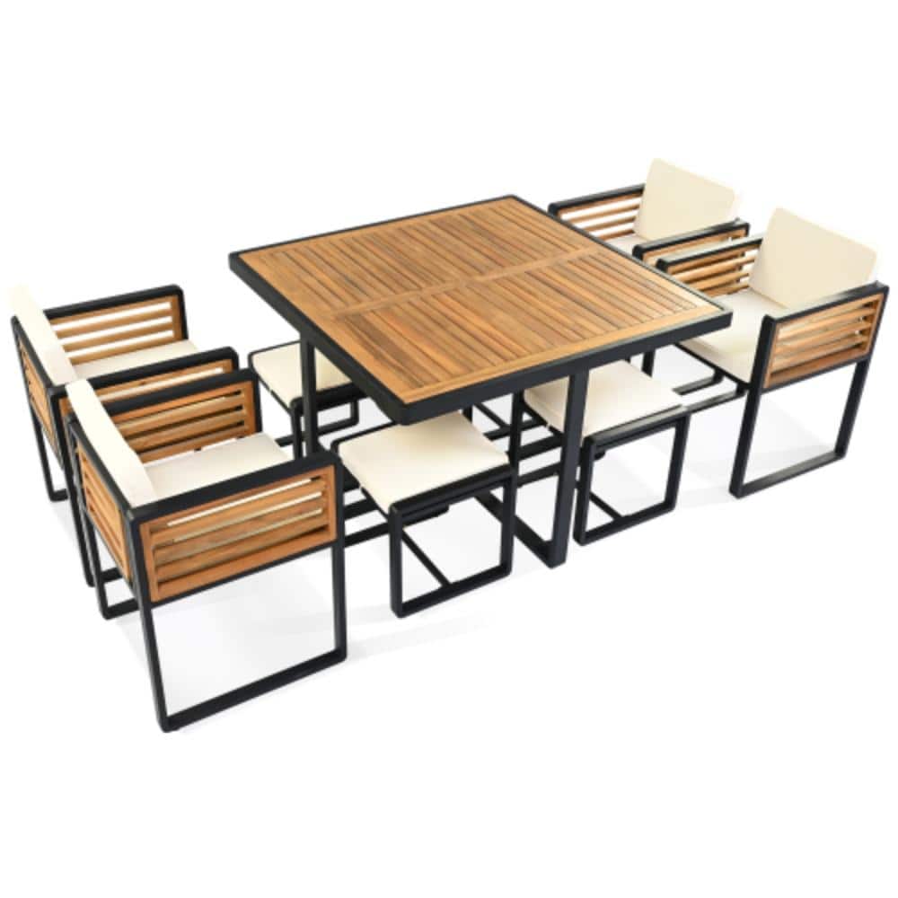 9-Piece Brown Acacia Wood Outdoor Dining Set with Beige Cushions