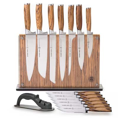 15-Piece Stainless Steel Cutlery Zebra Wood Set with Zebra Downtown Knife Block