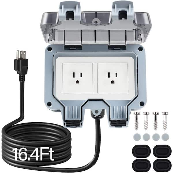Cover Electrical Outlet Box 2-Outlet Outdoor Double Plug Extender with 16.4 ft. Extension Cord in Gray