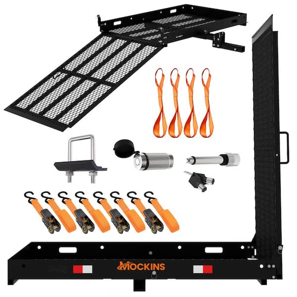 Mockins 550 lbs. Capacity Hitch Mount Wheelchair Mobility Ramp Carrier w/ Rubber Strip for Smooth Loading and Scratch Prevention