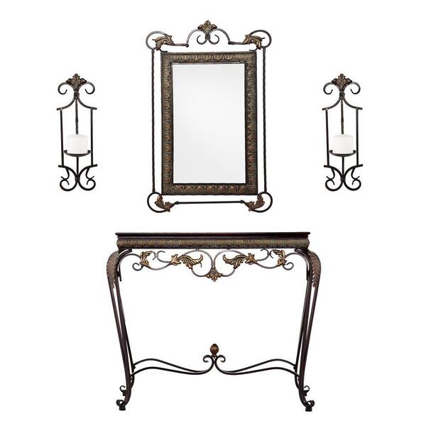 Southern Enterprises Leland 38 in. Bronze/Antique Walnut Standard Rectangle Wood Console Table with Mirror