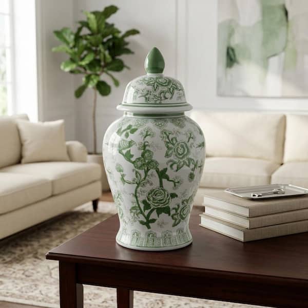 Green 18.25 in. Ceramic White Bird and Flower Temple Chinoiserie Jar